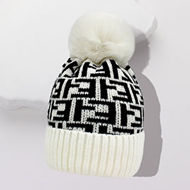 Greek Geometric Patterned Pom Pom Beanie Hat