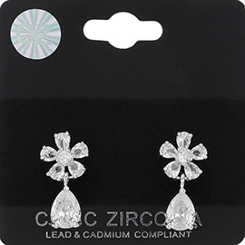 Flower CZ Stone Teardrop Dangle Evening Earrings