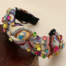 Stone Cluster Embellished Aztec Print Knot Headband