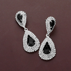 Teardrop Stone Centered Rhinestone Paved Rim Dangle Evening Earrings