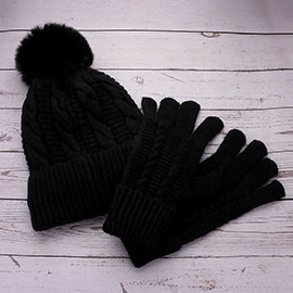 2PCS - Cable Pom Beanie Hat Gloves Set