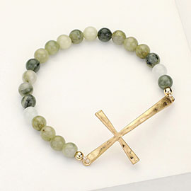 Hammered Metal Cross Semi Precious Natural Stone Beaded Stretch Bracelet