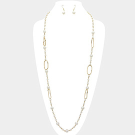 Pearl Hammered Metal Open Oval Ring Link Long Necklace