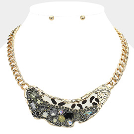 Animal Printed Fur Sparkly Stone Embellished Bib Necklace