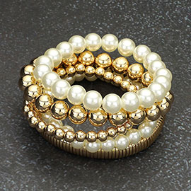 5PCS - Pearl Metal Ball Beaded Snake Stretch Multi Layered Bracelets