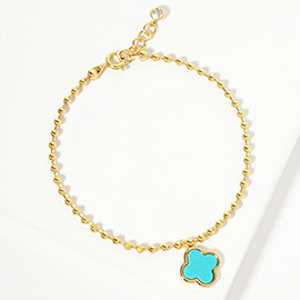 Gold Dipped Natural Stone Quatrefoil Charm Bubble Chain Bracelet