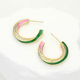 14K Gold Dipped Enamel Curved CZ Stone Paved Hoop Earrings