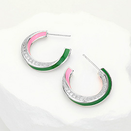 14K White Gold Dipped Enamel Curved CZ Stone Paved Hoop Earrings