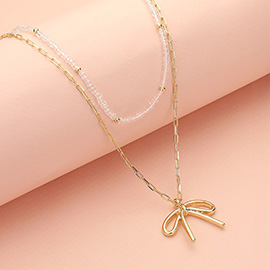 Metal Bow Pendant Seed Beaded Paperclip Chain Layered Necklace