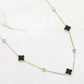 Stainless Steel Quatrefoil Stone Bezel Station Necklace