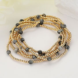 6PCS - Natural Stone Metal Ball Beaded Stretch Multi Layered Bracelets