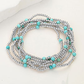 6PCS - Natural Stone Metal Ball Beaded Stretch Multi Layered Bracelets