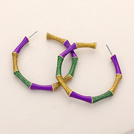 Sparkly Enamel Mardi Gras Bamboo Shaped Hoop Earrings