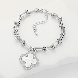 CZ Stone Paved Rim Mother Of Pearl Quatrefoil Charm Hardware Link Bracelet