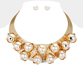 Pearl Embellished Abstract Metal Plate Statement Necklace