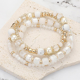 4PCS - Semi Precious Pearl Faceted Beaded Stretch Multi Layered Bracelets