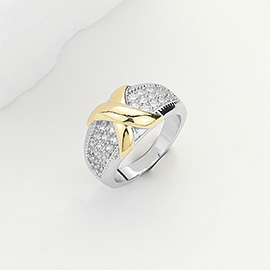 Two Tone Crisscross CZ Stone Paved Ring