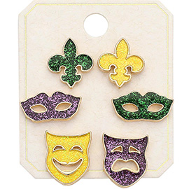 3Pairs - Sparkly Enamel Mardi Gras Fleur de Lis Mask Stud Earring Set