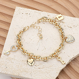 SECRET BOX_Stone Paved Key Heart Metal Lock Charm Station Bracelet