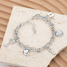 SECRET BOX_Stone Paved Key Heart Metal Lock Charm Station Bracelet