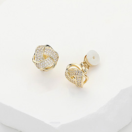 14K Gold Plated CZ Stone Paved Knot Stud Clip On Earrings