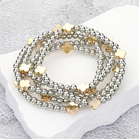 5PCS - Quatrefoil Metal Ball Beaded Stretch Multi Layered Bracelets