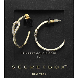 SECRET BOX_14K Gold Dipped CZ Stone Paved Teardrop Pointed Hoop Earrings