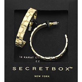 SECRET BOX_14K Gold Dipped CZ Stone Paved Textured Hoop Earrings