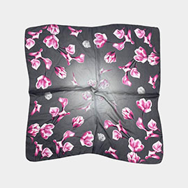 Flower Printed Square Silky Satin Scarf Shawl