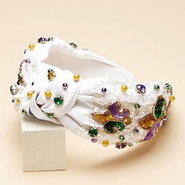 Mardi Gras Sequin Fleur de Lis Stone Embellished Knot Headband