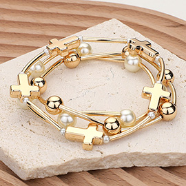 3PCS - Metal Cross Ball Pearl Station Stretch Multi Layered Bracelets