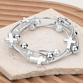 3PCS - Metal Cross Ball Pearl Station Stretch Multi Layered Bracelets