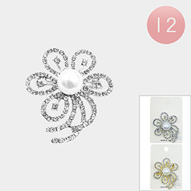 12PCS - Pearl Stone Paved Flower Brooches