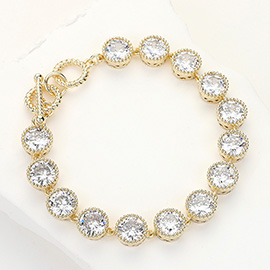 14K Gold Plated Round CZ Stone Bezel Link Toggle Bracelet