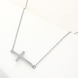 14K Gold Plated CZ Stone Paved Cross Pendant Necklace