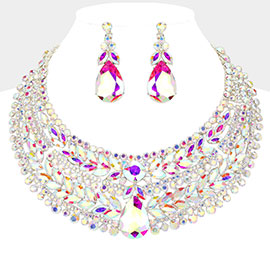 Teardrop Stone Accented Marquise Round Stone Embellished Chunky Collar Evening Necklace