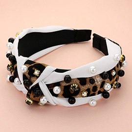 Stone Pearl Ball Embellished Leopard Printed Knot Headband