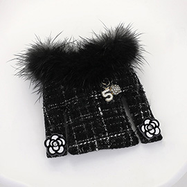 Fuzzy Fur Trim Tweed Jacket Pin Brooch