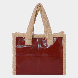 Fleece Trim Faux Leather Tote Bag / Crossbody Bag