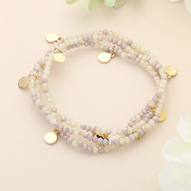 3PCS - Metal Disc Charm Faceted Beaded Stretch Multi Layered Bracelets