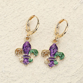 Glittered Enamel Mardi Gras Fleur de Lis Dangle Earrings