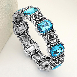 Rectangle Stone Cluster Western Metal Flower Link Stretch Bracelet