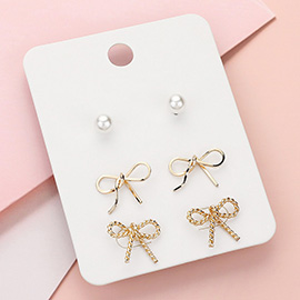 3Pairs - Pearl Metal Bow Stud Earrings Set