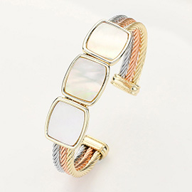 Three Tone Triple Mother Of Pearl Square Accented Cuff Bracelet