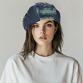 Patchwork Denim Fringe Beret Hat