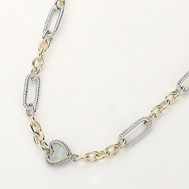 14K Gold Plated Mother Of Pearl Heart Textured Link Long Necklace