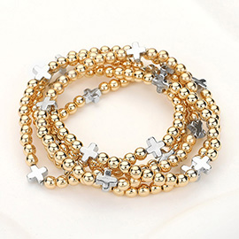 3PCS - Metal Cross Ball Beaded Stretch Multi Layered Bracelets