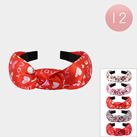 12PCS - Love Heart Printed Knot Satin Like Headbands