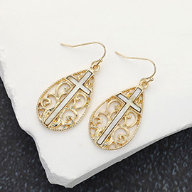 Mother Of Pearl Cross Centered Filigree Teardrop Dangle Earrings