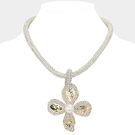 Pearl Centered Rhinestone Studded Flower Pendant Statement Necklace